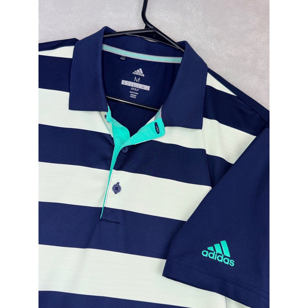 Adidas Golf Mens Medium Navy Blue White‎ Striped Performance Short Sleeve Polo